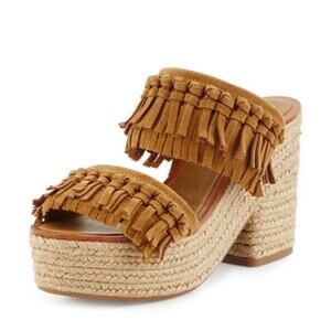 Tory Burch Fria Knotted-Fringe Espadrille Slide Suede Platform Sandals